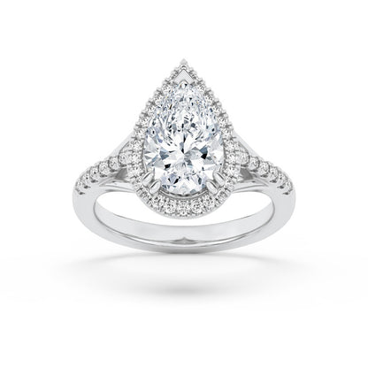 3CTW Pear Shaped Lab Grown Diamond (F/VS) Halo Accented Engagement Ring in 14K Gold