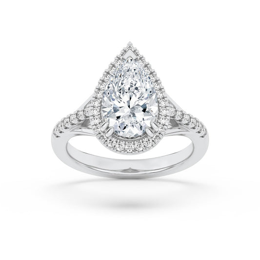 3CTW Pear Shaped Lab Grown Diamond (F/VS) Halo Accented Engagement Ring in 14K Gold