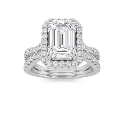 4CTW Emerald Shaped Lab Grown Diamond (F/VS) Split Shank Halo Engagement Ring in 14K Gold