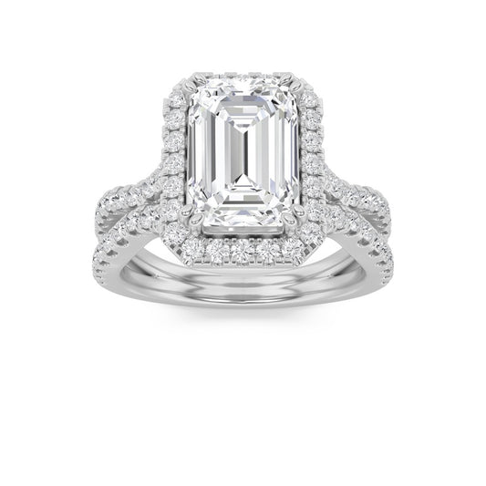 4CTW Emerald Shaped Lab Grown Diamond (F/VS) Split Shank Halo Engagement Ring in 14K Gold