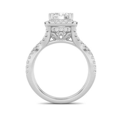 4CTW Emerald Shaped Lab Grown Diamond (F/VS) Split Shank Halo Engagement Ring in 14K Gold
