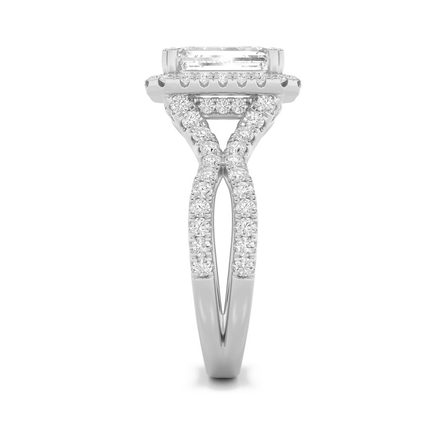 4CTW Emerald Shaped Lab Grown Diamond (F/VS) Split Shank Halo Engagement Ring in 14K Gold