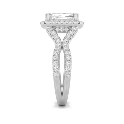 4CTW Emerald Shaped Lab Grown Diamond (F/VS) Split Shank Halo Engagement Ring in 14K Gold