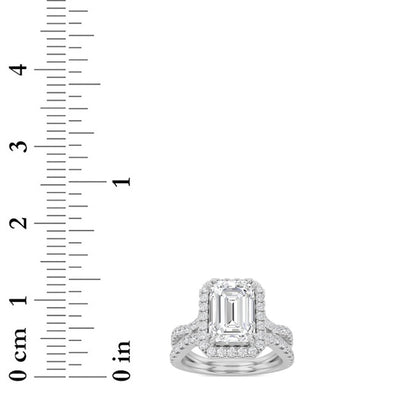 4CTW Emerald Shaped Lab Grown Diamond (F/VS) Split Shank Halo Engagement Ring in 14K Gold