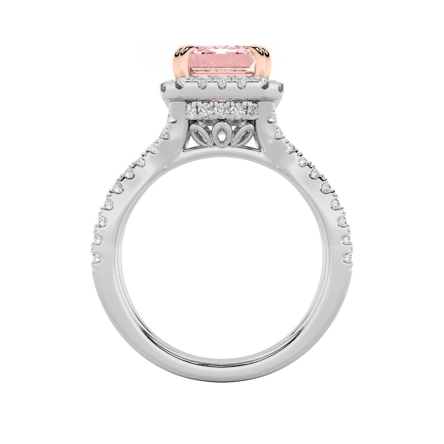 4CTW Emerald Shaped Lab Grown Diamond (F/VS) Split Shank Halo Engagement Ring in 14K Gold