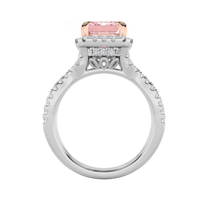4CTW Emerald Shaped Lab Grown Diamond (F/VS) Split Shank Halo Engagement Ring in 14K Gold