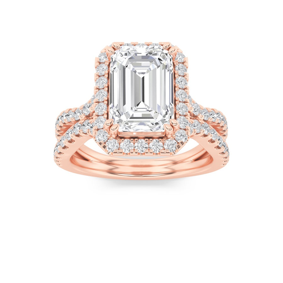 4CTW Emerald Shaped Lab Grown Diamond (F/VS) Split Shank Halo Engagement Ring in 14K Gold