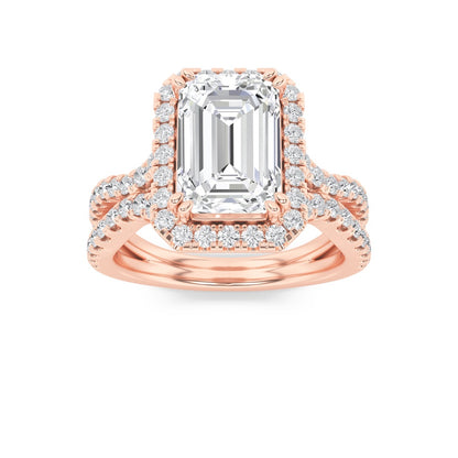 4CTW Emerald Shaped Lab Grown Diamond (F/VS) Split Shank Halo Engagement Ring in 14K Gold
