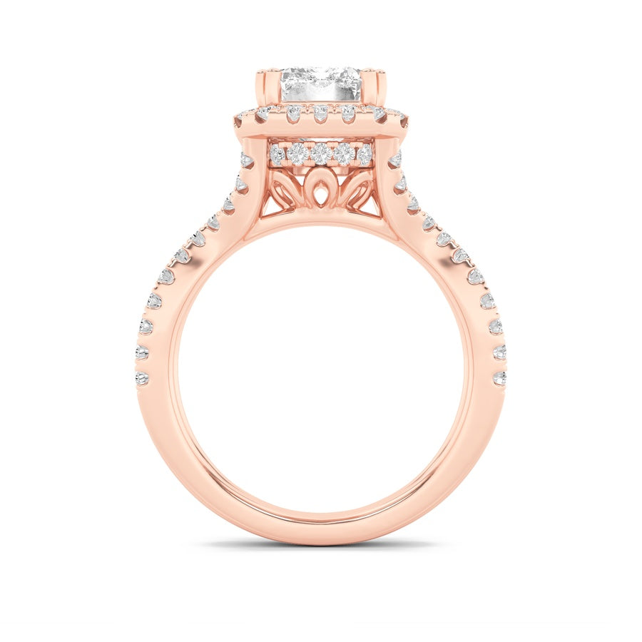 4CTW Emerald Shaped Lab Grown Diamond (F/VS) Split Shank Halo Engagement Ring in 14K Gold