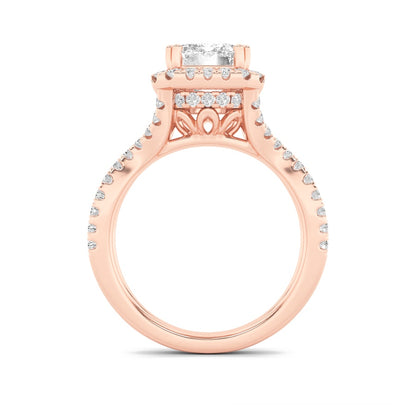 4CTW Emerald Shaped Lab Grown Diamond (F/VS) Split Shank Halo Engagement Ring in 14K Gold