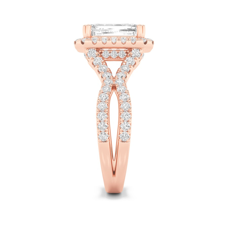 4CTW Emerald Shaped Lab Grown Diamond (F/VS) Split Shank Halo Engagement Ring in 14K Gold