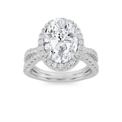 4CTW Oval Shaped Lab Grown Diamond (F/VS) Split Shank Halo Engagement Ring in 14K Gold