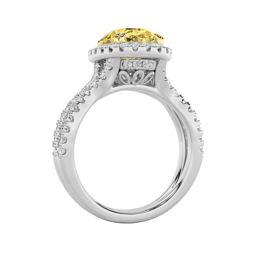 4CTW Oval Shaped Lab Grown Diamond (F/VS) Split Shank Halo Engagement Ring in 14K Gold
