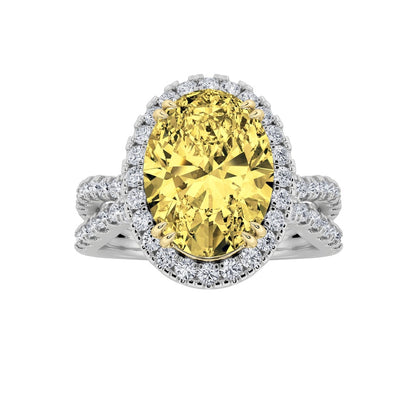 4CTW Oval Shaped Lab Grown Diamond (F/VS) Split Shank Halo Engagement Ring in 14K Gold