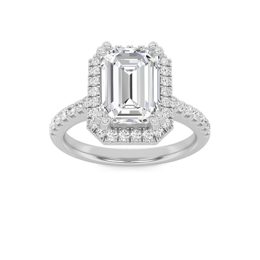 2.5CTW Emerald Shaped Lab Grown Diamond (F/VS) Halo Accented Engagement Ring in 14K Gold