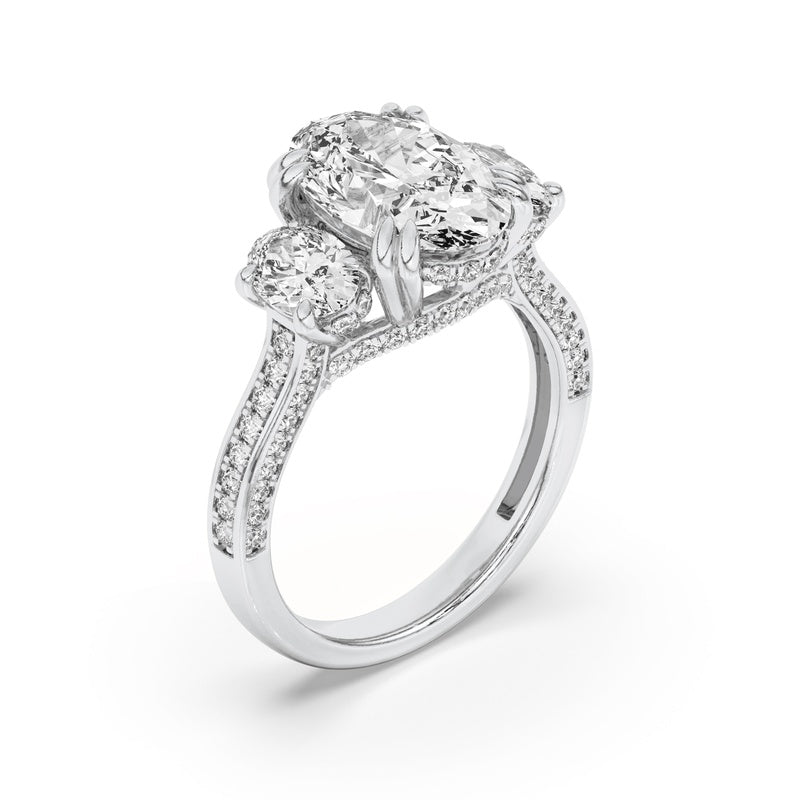 5CTW Oval Shaped Lab Grown Diamond (F/VS) Three Stone Accented Engagement Ring in 14K Gold