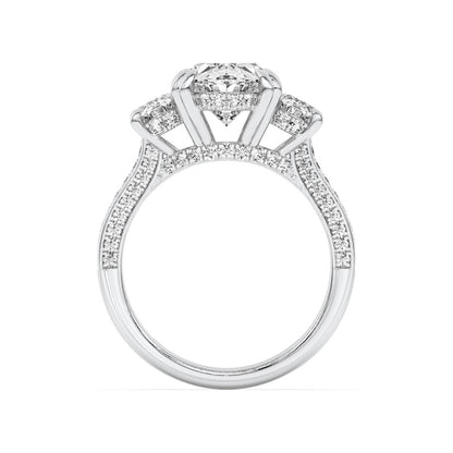 5CTW Oval Shaped Lab Grown Diamond (F/VS) Three Stone Accented Engagement Ring in 14K Gold