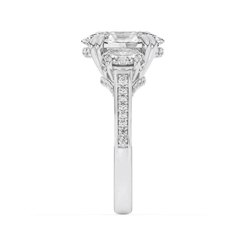 5CTW Oval Shaped Lab Grown Diamond (F/VS) Three Stone Accented Engagement Ring in 14K Gold