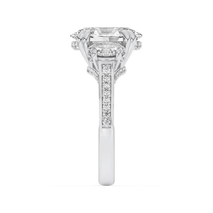 5CTW Oval Shaped Lab Grown Diamond (F/VS) Three Stone Accented Engagement Ring in 14K Gold