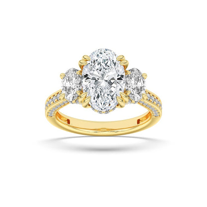5CTW Oval Shaped Lab Grown Diamond (F/VS) Three Stone Accented Engagement Ring in 14K Gold
