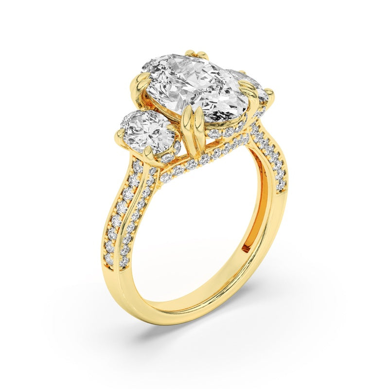 5CTW Oval Shaped Lab Grown Diamond (F/VS) Three Stone Accented Engagement Ring in 14K Gold