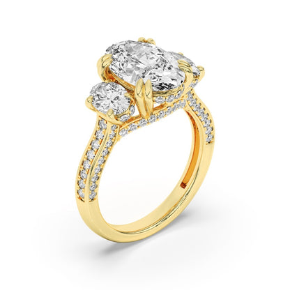 5CTW Oval Shaped Lab Grown Diamond (F/VS) Three Stone Accented Engagement Ring in 14K Gold