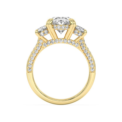 5CTW Oval Shaped Lab Grown Diamond (F/VS) Three Stone Accented Engagement Ring in 14K Gold