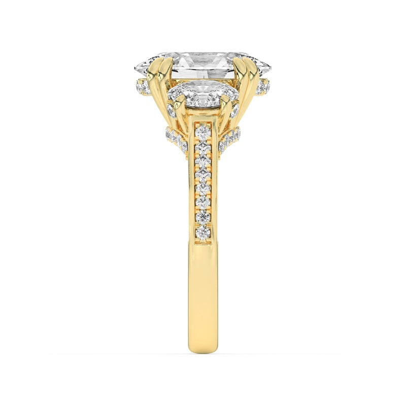 5CTW Oval Shaped Lab Grown Diamond (F/VS) Three Stone Accented Engagement Ring in 14K Gold