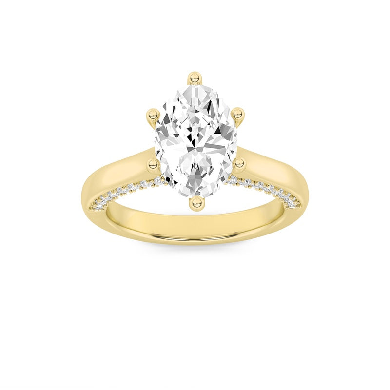 2CTW Oval Shaped Lab Grown Diamond (F/VS) Tulip Motif Accented Engagement Ring in 14K Gold