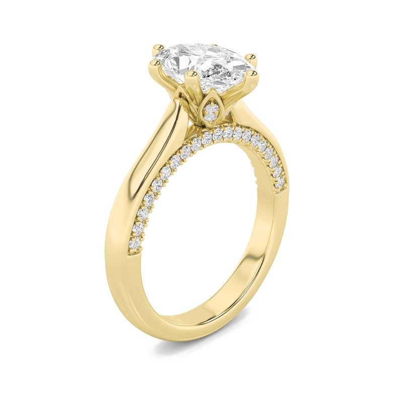 2CTW Oval Shaped Lab Grown Diamond (F/VS) Tulip Motif Accented Engagement Ring in 14K Gold