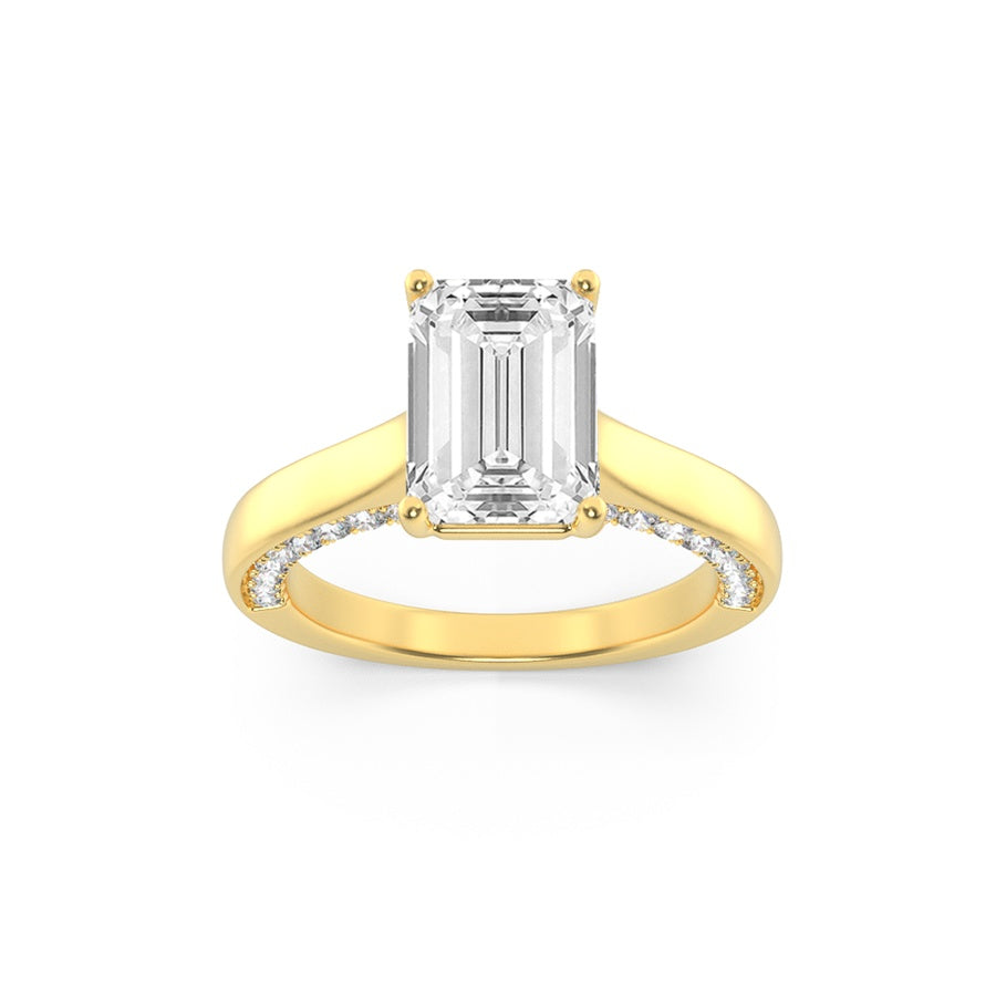 2CTW Emerald Shaped Lab Grown Diamond (G/VS) Accented Bridge Shank Engagement Ring in 14K Gold