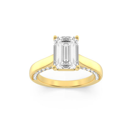 2CTW Emerald Shaped Lab Grown Diamond (G/VS) Accented Bridge Shank Engagement Ring in 14K Gold