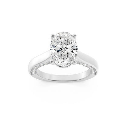 2CTW Oval Shaped Lab Grown Diamond (F/VS) Accented Bridge Shank Engagement Ring in 14K Gold