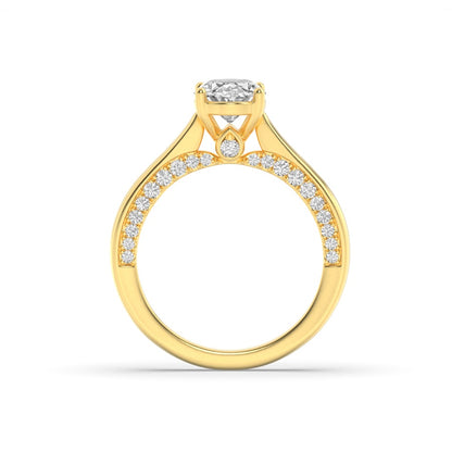 2CTW Oval Shaped Lab Grown Diamond (F/VS) Accented Bridge Shank Engagement Ring in 14K Gold