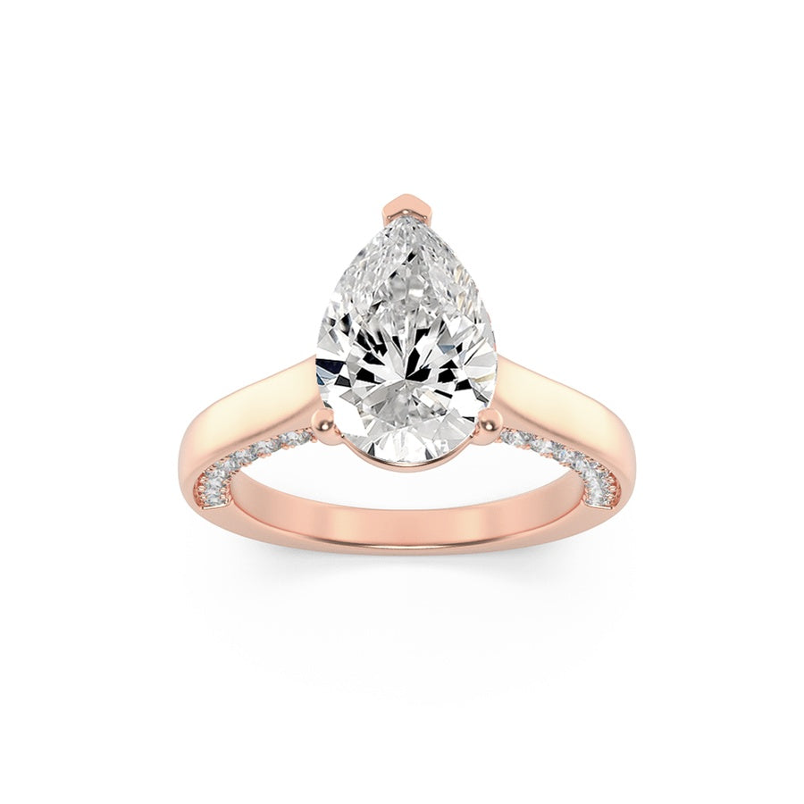 2CTW Pear Shaped Lab Grown Diamond (F/VS) Accented Bridge Shank Engagement Ring in 14K Gold