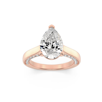 2CTW Pear Shaped Lab Grown Diamond (F/VS) Accented Bridge Shank Engagement Ring in 14K Gold