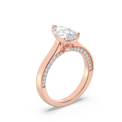 2CTW Pear Shaped Lab Grown Diamond (F/VS) Accented Bridge Shank Engagement Ring in 14K Gold