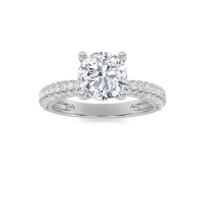 2CTW Round Shaped Lab Grown Diamond (F/VS) Three Row Micro Pave Engagement Ring in 14K Gold