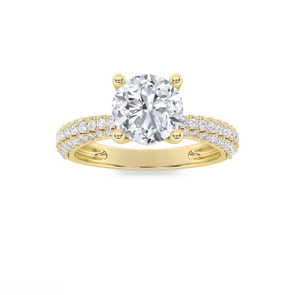 2CTW Round Shaped Lab Grown Diamond (F/VS) Three Row Micro Pave Engagement Ring in 14K Gold