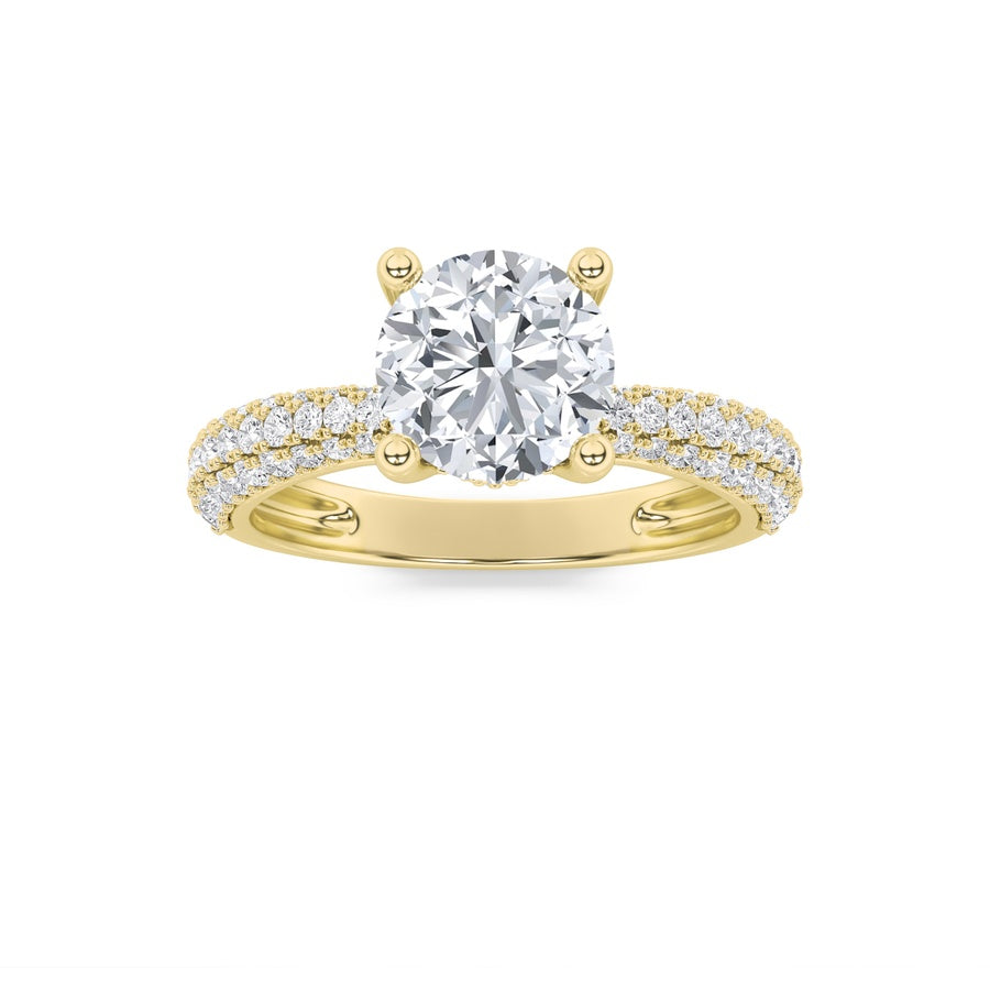 2CTW Round Shaped Lab Grown Diamond (F/VS) Three Row Micro Pave Engagement Ring in 14K Gold