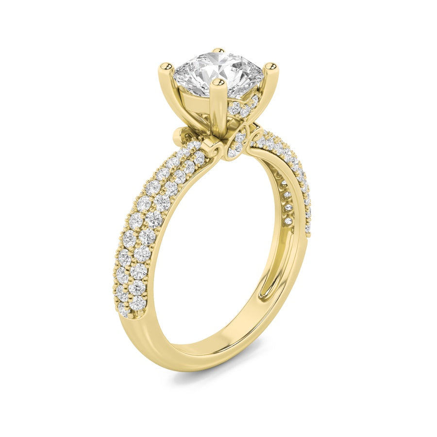 2CTW Round Shaped Lab Grown Diamond (F/VS) Three Row Micro Pave Engagement Ring in 14K Gold