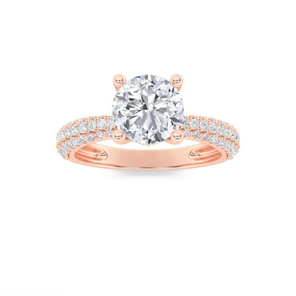 2CTW Round Shaped Lab Grown Diamond (F/VS) Three Row Micro Pave Engagement Ring in 14K Gold