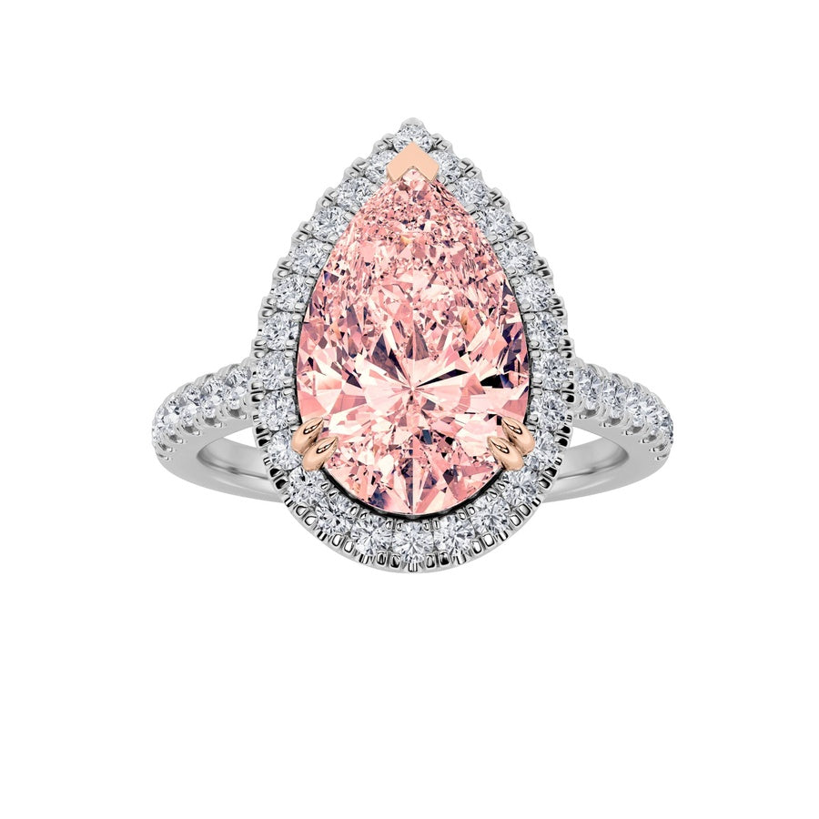 3CTW Pear Shaped Lab Grown Diamond (F/VS) Bolld Accented Halo Engagement Ring in 14K Gold