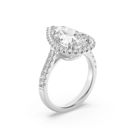 3CTW Pear Shaped Lab Grown Diamond (F/VS) Bolld Accented Halo Engagement Ring in 14K Gold