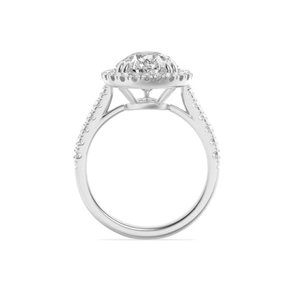 3CTW Pear Shaped Lab Grown Diamond (F/VS) Bolld Accented Halo Engagement Ring in 14K Gold
