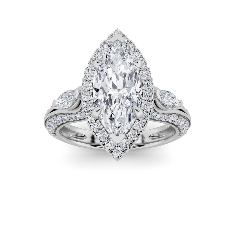 3CTW Marquise Shaped Lab Grown Diamond (F/VS) Three Stone Halo Enagement Ring in 14K Gold