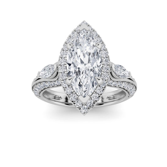 3CTW Marquise Shaped Lab Grown Diamond (F/VS) Three Stone Halo Enagement Ring in 14K Gold