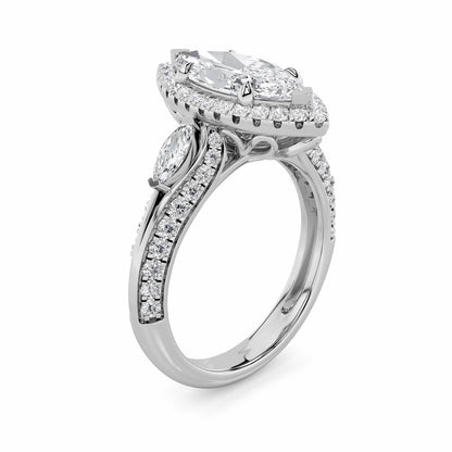 3CTW Marquise Shaped Lab Grown Diamond (F/VS) Three Stone Halo Enagement Ring in 14K Gold