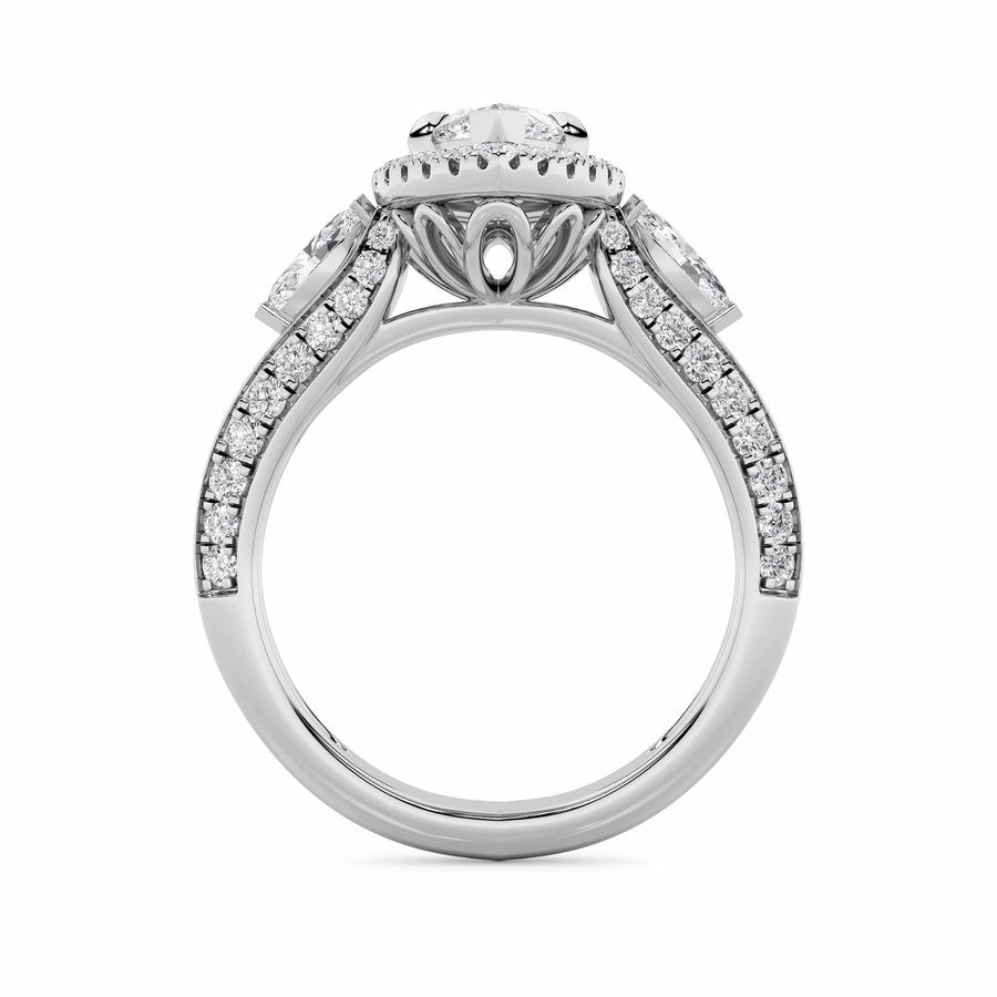 3CTW Marquise Shaped Lab Grown Diamond (F/VS) Three Stone Halo Enagement Ring in 14K Gold