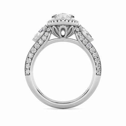 3CTW Marquise Shaped Lab Grown Diamond (F/VS) Three Stone Halo Enagement Ring in 14K Gold